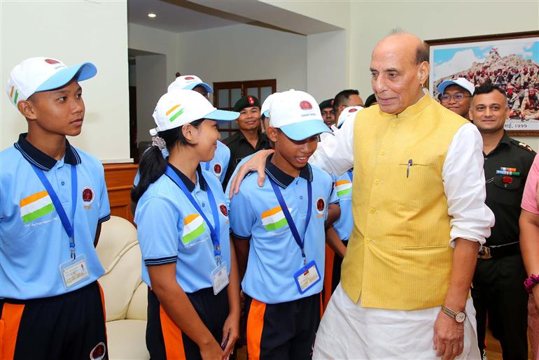 The Union Minister for Defence, Shri Rajnath Singh interaction with 30 meritorious higher secondary students from tribal communities of the Andaman & Nicobar Islands at South Block, in New Delhi on August 14, 2025.