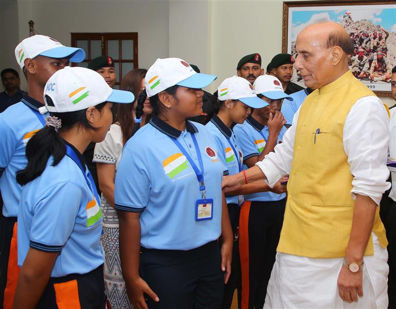 The Union Minister for Defence, Shri Rajnath Singh interaction with 30 meritorious higher secondary students from tribal communities of the Andaman & Nicobar Islands at South Block, in New Delhi on August 14, 2025.