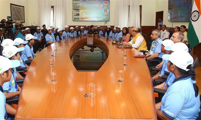 The Union Minister for Defence, Shri Rajnath Singh interaction with 30 meritorious higher secondary students from tribal communities of the Andaman & Nicobar Islands at South Block, in New Delhi on August 14, 2025.