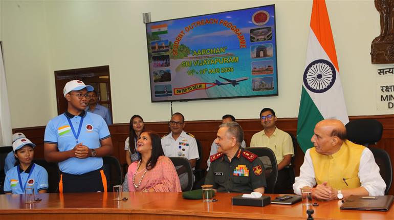 The Union Minister for Defence, Shri Rajnath Singh interaction with 30 meritorious higher secondary students from tribal communities of the Andaman & Nicobar Islands at South Block, in New Delhi on August 14, 2025.