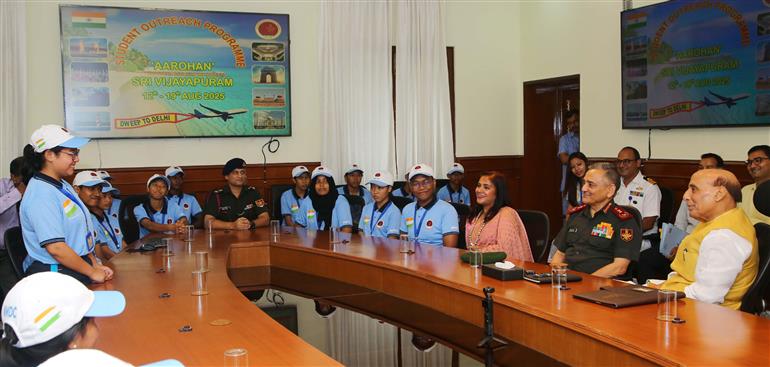 The Union Minister for Defence, Shri Rajnath Singh interaction with 30 meritorious higher secondary students from tribal communities of the Andaman & Nicobar Islands at South Block, in New Delhi on August 14, 2025.