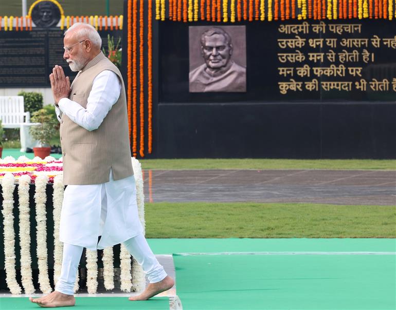 PM performing parikrama at the Samadhi of the former Prime Minister of India, Shri Atal Bihari Vajpayee on his death anniversary at Sadaiv Atal, in New Delhi on August 16, 2025.