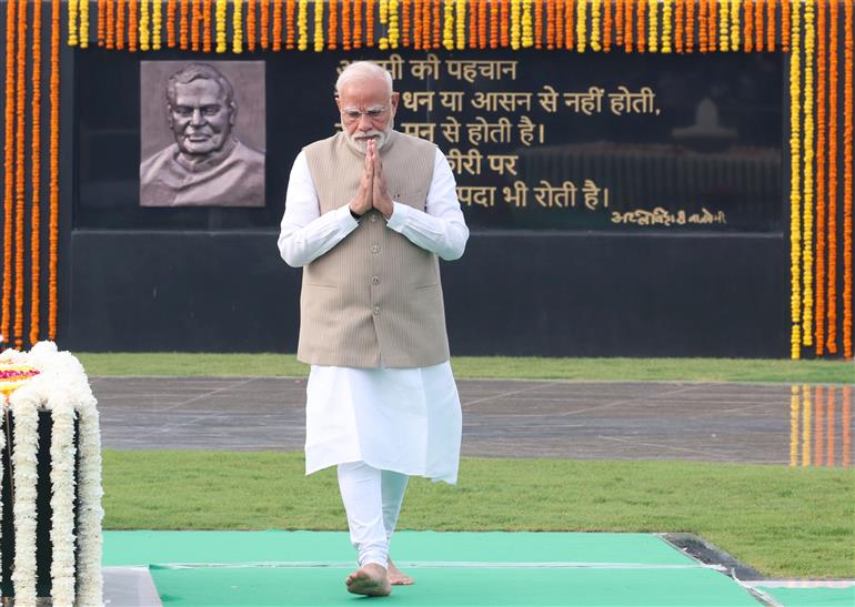 PM performing parikrama at the Samadhi of the former Prime Minister of India, Shri Atal Bihari Vajpayee on his death anniversary at Sadaiv Atal, in New Delhi on August 16, 2025.