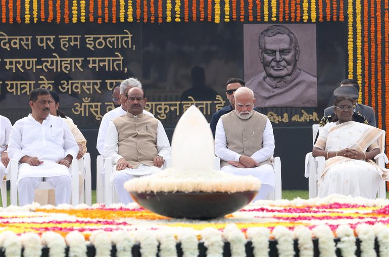 PM at the Samadhi of the former Prime Minister of India, Shri Atal Bihari Vajpayee on his death anniversary at Sadaiv Atal, in New Delhi on August 16, 2025.