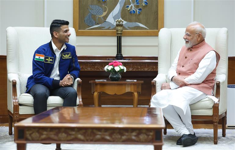 Group Captain Shubhanshu Shukla meeting with PM at his residence (7, Lok Kalyan Marg), in New Delhi on August 18, 2025.