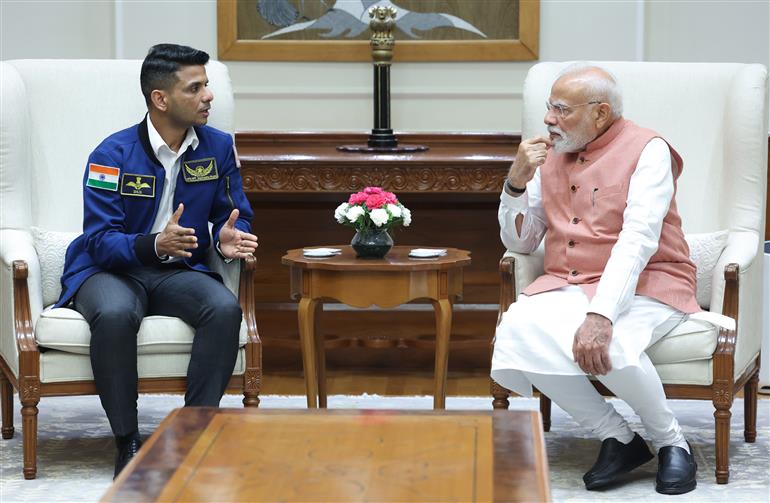 Group Captain Shubhanshu Shukla meeting with PM at his residence (7, Lok Kalyan Marg), in New Delhi on August 18, 2025.
