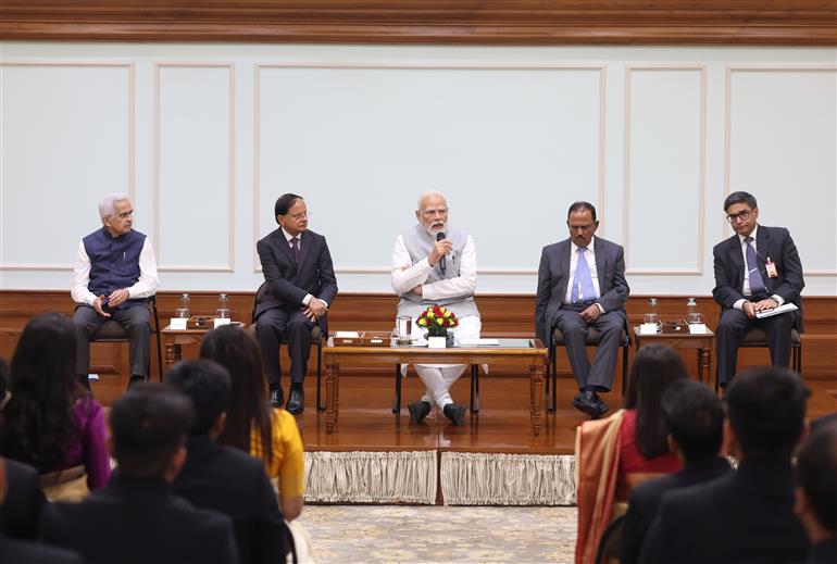 PM interaction with the Officer Trainees of the 2024 Batch of Indian Foreign Service (IFS) at his residence (7, Lok Kalyan Marg), in New Delhi on August 19, 2025.