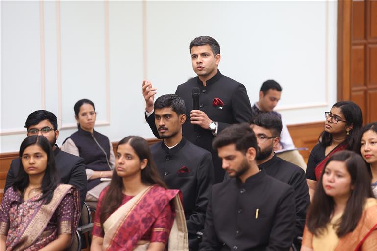 PM interaction with the Officer Trainees of the 2024 Batch of Indian Foreign Service (IFS) at his residence (7, Lok Kalyan Marg), in New Delhi on August 19, 2025.