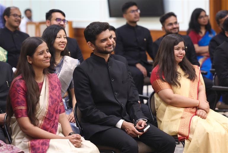 PM interaction with the Officer Trainees of the 2024 Batch of Indian Foreign Service (IFS) at his residence (7, Lok Kalyan Marg), in New Delhi on August 19, 2025.
