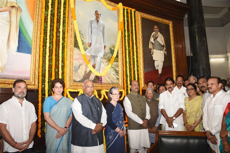 The Speaker, Lok Sabha, Shri Om Birla in a group photograph on the occasion of  birth Anniversary of former Prime Minister, Shri Rajiv Gandhi at Parliament House, in New Delhi on August 20, 2025.