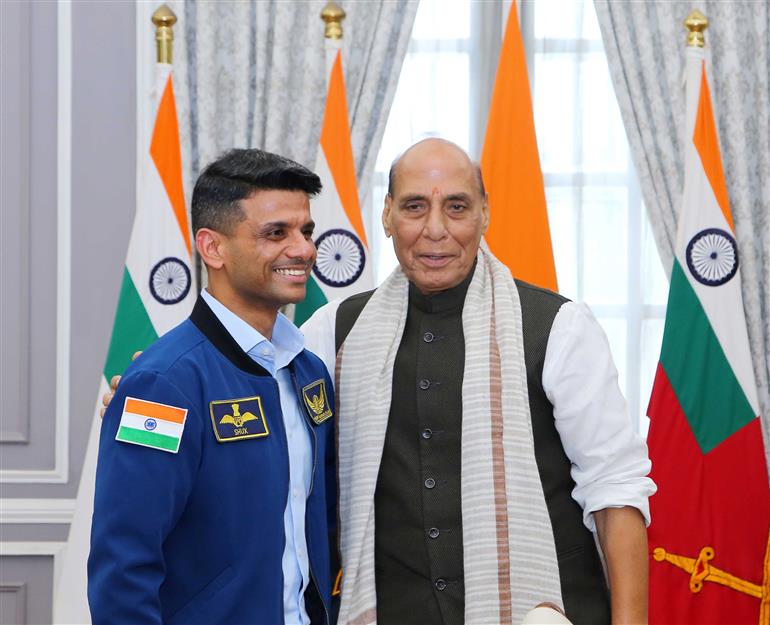 The Union Minister for Defence, Shri Rajnath Singh meets Group Captain Shubhanshu Shukla, the first Indian astronaut onboard the International Space Station, in New Delhi on August 21, 2025.