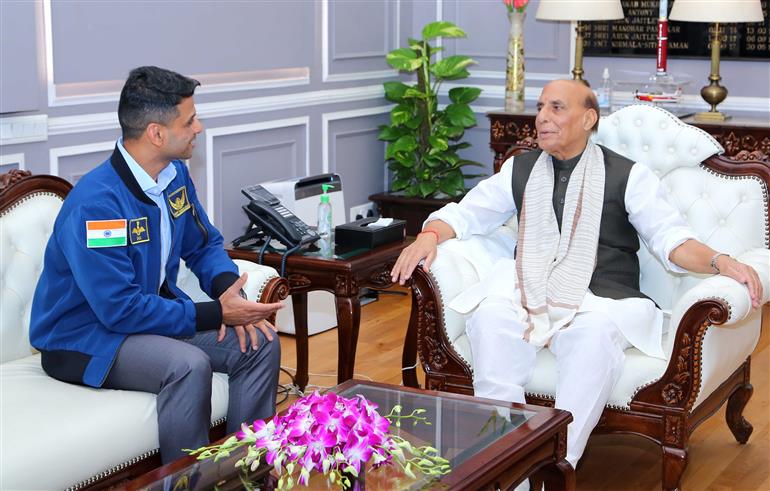 The Union Minister for Defence, Shri Rajnath Singh meets Group Captain Shubhanshu Shukla, the first Indian astronaut onboard the International Space Station, in New Delhi on August 21, 2025.