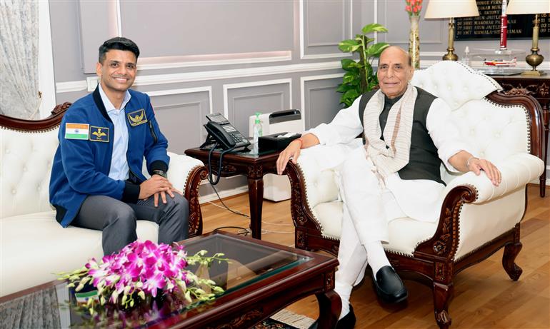 The Union Minister for Defence, Shri Rajnath Singh meets Group Captain Shubhanshu Shukla, the first Indian astronaut onboard the International Space Station, in New Delhi on August 21, 2025.