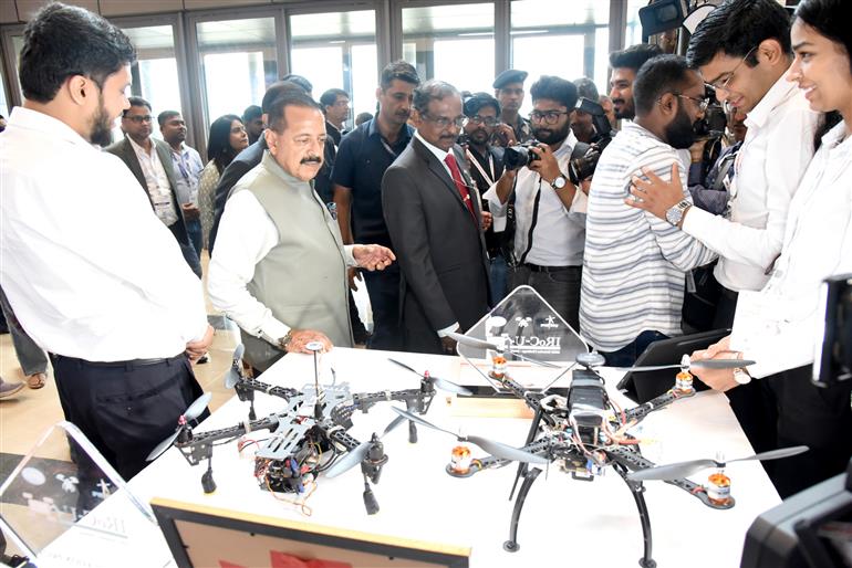 The Minister of State for Science & Technology (Independent Charge), Earth Sciences (Independent Charge), Prime Minister’s Office, Personnel, Public Grievances & Pensions, Atomic Energy and Space, Dr. Jitendra Singh visits an exhibition during the Celebrations of National Space Day 2025 at Bharat Mandapam, in New Delhi on August 23, 2025.