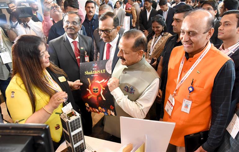 The Minister of State for Science & Technology (Independent Charge), Earth Sciences (Independent Charge), Prime Minister’s Office, Personnel, Public Grievances & Pensions, Atomic Energy and Space, Dr. Jitendra Singh visits an exhibition during the Celebrations of National Space Day 2025 at Bharat Mandapam, in New Delhi on August 23, 2025.