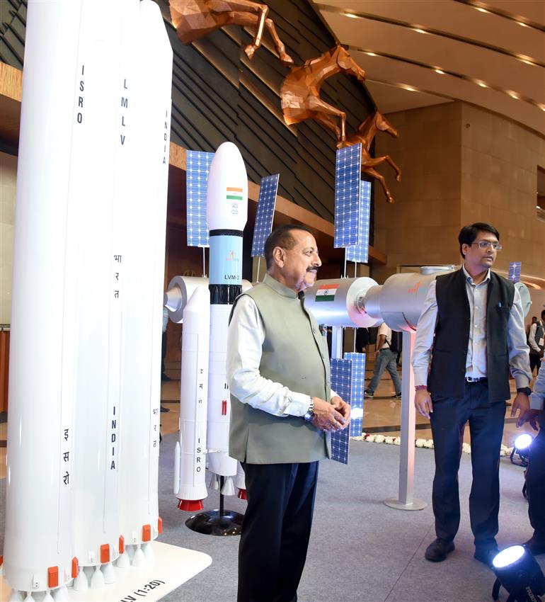 The Minister of State for Science & Technology (Independent Charge), Earth Sciences (Independent Charge), Prime Minister’s Office, Personnel, Public Grievances & Pensions, Atomic Energy and Space, Dr. Jitendra Singh visits an exhibition during the Celebrations of National Space Day 2025 at Bharat Mandapam, in New Delhi on August 23, 2025.