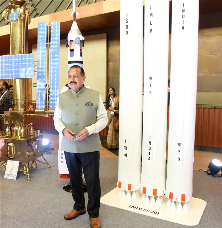 The Minister of State for Science & Technology (Independent Charge), Earth Sciences (Independent Charge), Prime Minister’s Office, Personnel, Public Grievances & Pensions, Atomic Energy and Space, Dr. Jitendra Singh visits an exhibition during the Celebrations of National Space Day 2025 at Bharat Mandapam, in New Delhi on August 23, 2025.