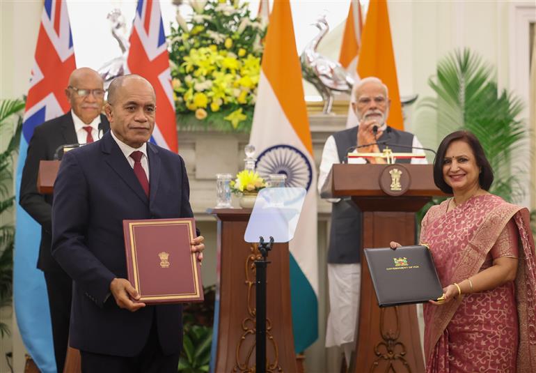 PM and the Prime Minister of Fiji, Mr. Sitiveni Ligamamada Rabuka witnessing the Exchange of MoUs between India and Fiji at Hyderabad House, in New Delhi on August 25, 2025.