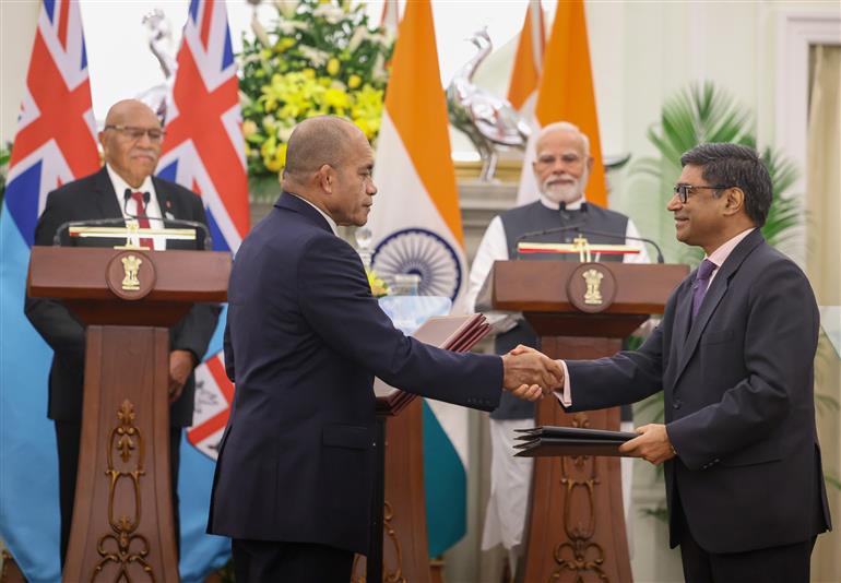 PM and the Prime Minister of Fiji, Mr. Sitiveni Ligamamada Rabuka witnessing the Exchange of MoUs between India and Fiji at Hyderabad House, in New Delhi on August 25, 2025.