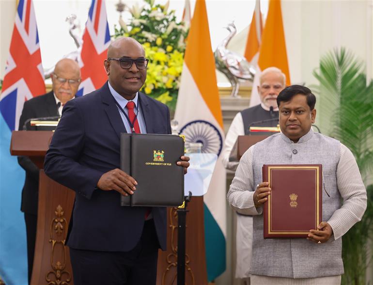 PM and the Prime Minister of Fiji, Mr. Sitiveni Ligamamada Rabuka witnessing the Exchange of MoUs between India and Fiji at Hyderabad House, in New Delhi on August 25, 2025.