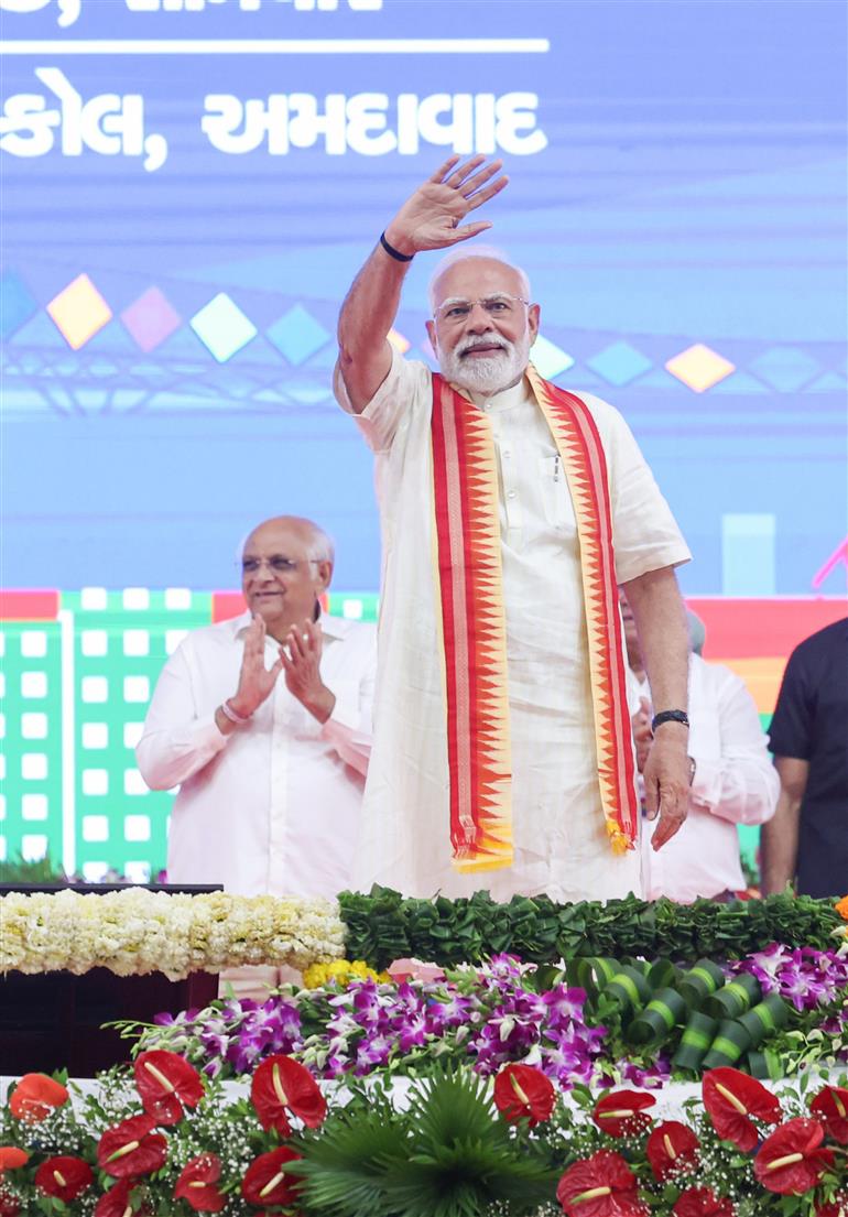 PM graced the public function on the sidelines of the foundation stone laying, inauguration and dedication of multiple development projects to the nation held at Khodaldham ground (Ahmedabad), in Gujarat on August 25, 2025.