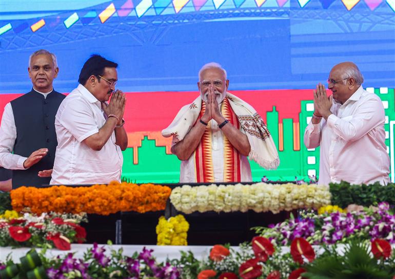 PM graced the public function on the sidelines of the foundation stone laying, inauguration and dedication of multiple development projects to the nation held at Khodaldham ground (Ahmedabad), in Gujarat on August 25, 2025.