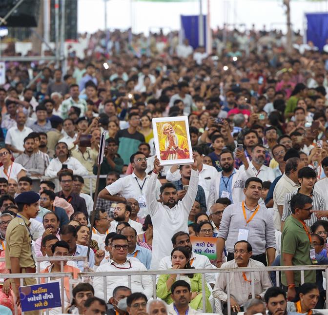 Gathering at the public function on the sidelines of the foundation stone laying, inauguration and dedication of multiple development projects to the nation held at Khodaldham ground (Ahmedabad), in Gujarat on August 25, 2025. PM addressing on the occasion.