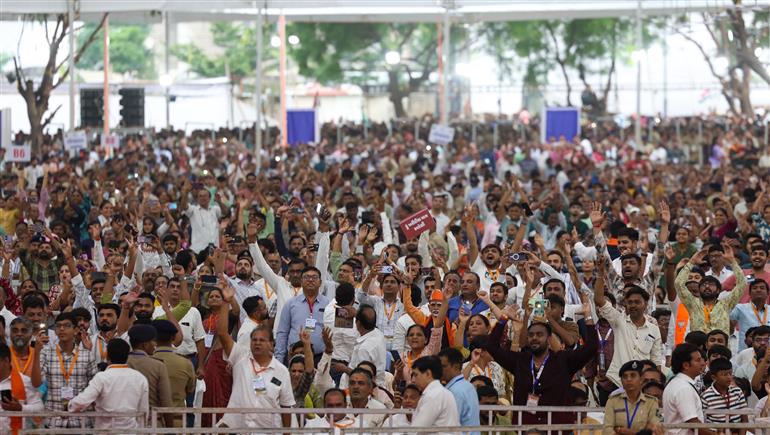 Gathering at the public function on the sidelines of the foundation stone laying, inauguration and dedication of multiple development projects to the nation held at Khodaldham ground (Ahmedabad), in Gujarat on August 25, 2025. PM addressing on the occasion.
