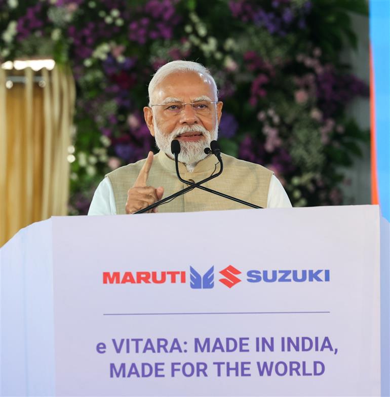PM addressing at the launch of green mobility initiatives at Hansalpur, in Gujarat on August 26, 2025.