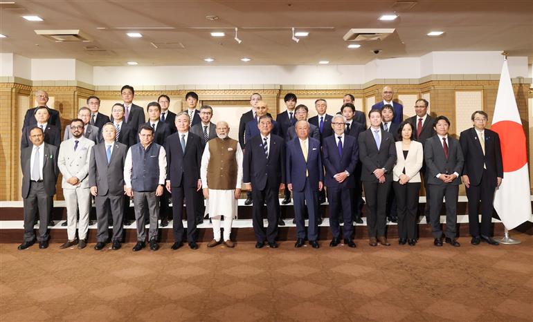 PM in a group photograph with business leaders during the India-Japan Business Event in Tokyo, Japan on August 29, 2025.:Prime Minister's Office PM in a group photograph with business leaders during the India-Japan Business Event in Tokyo, Japan on August 29, 2025.:Prime Minister