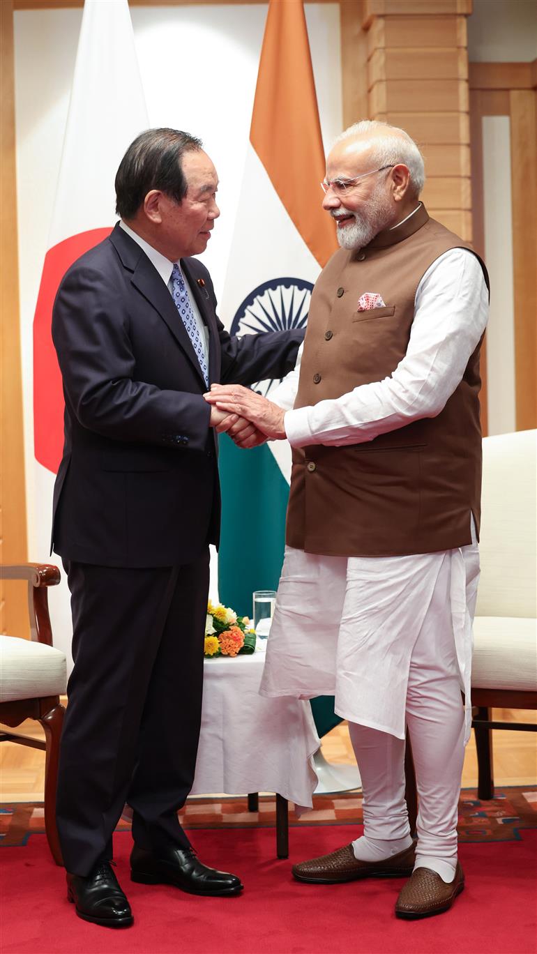 PM meets the Speaker of the House of Representatives of Japan, Mr. Fukushiro Nukaga in Tokyo, Japan on August 29, 2025.:Prime Minister's Office PM meets the Speaker of the House of Representatives of Japan, Mr. Fukushiro Nukaga in Tokyo, Japan on August 29, 2025.:Prime Minister