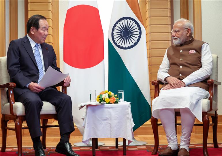 PM meets the Speaker of the House of Representatives of Japan, Mr. Fukushiro Nukaga in Tokyo, Japan on August 29, 2025.:Prime Minister's Office PM meets the Speaker of the House of Representatives of Japan, Mr. Fukushiro Nukaga in Tokyo, Japan on August 29, 2025.:Prime Minister