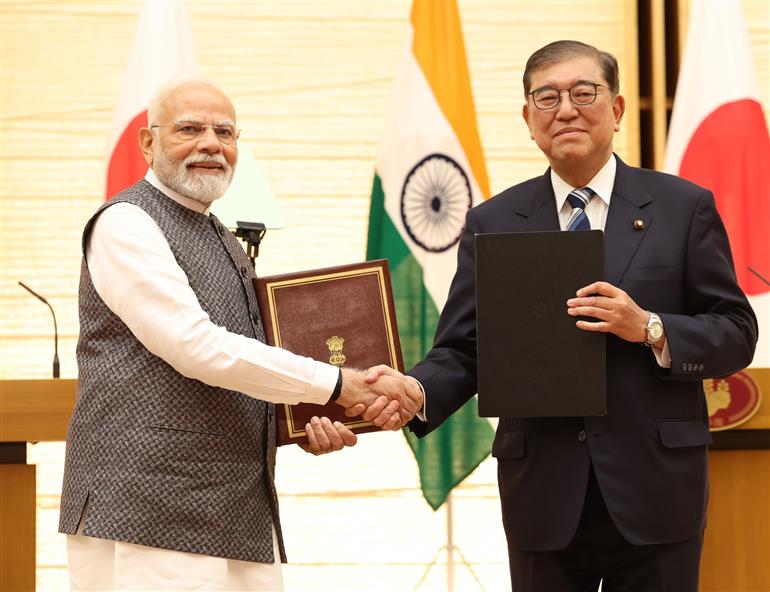 PM at the Exchange of MoUs and Joint Press Statements along with the Prime Minister of Japan, Mr. Shigeru Ishiba in Tokyo, Japan on August 29, 2025.:Prime Minister's Office PM at the Exchange of MoUs and Joint Press Statements along with the Prime Minister of Japan, Mr. Shigeru Ishiba in Tokyo, Japan on August 29, 2025.:Prime Minister