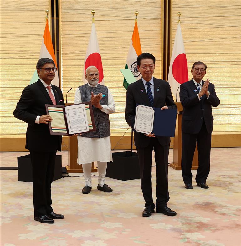 PM and the Prime Minister of Japan, Mr. Shigeru Ishiba witnessing the Exchange of MoUs between India and Japan in Tokyo, Japan on August 29, 2025.:Prime Minister's Office PM and the Prime Minister of Japan, Mr. Shigeru Ishiba witnessing the Exchange of MoUs between India and Japan in Tokyo, Japan on August 29, 2025.:Prime Minister