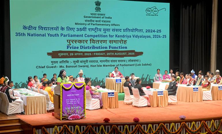 The Member of Parliament, (Lok Sabha), Ms. Bansuri Swaraj addressing at the Prize Distribution Function of the 35th National Youth Parliament Competition, 2024-25 for Kendriya Vidyalayas, in New Delhi on August 29, 2025.