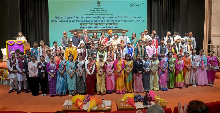 The Member of Parliament, (Lok Sabha), Ms. Bansuri Swaraj in a group photograph at the Prize Distribution Function of the 35th National Youth Parliament Competition, 2024-25 for Kendriya Vidyalayas, in New Delhi on August 29, 2025.
