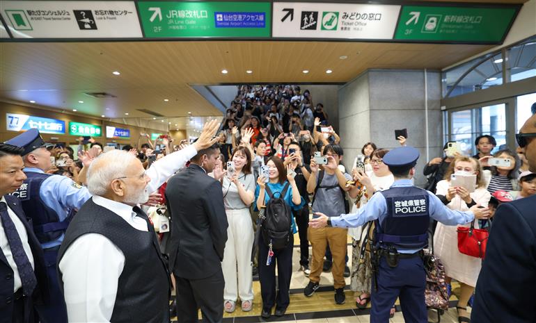 PM being welcomed with chants by enthusiastic crowd upon his arrival at Sendai, in Japan on August 30, 2025.:Prime Minister's Office PM being welcomed with chants by enthusiastic crowd upon his arrival at Sendai, in Japan on August 30, 2025.:Prime Minister