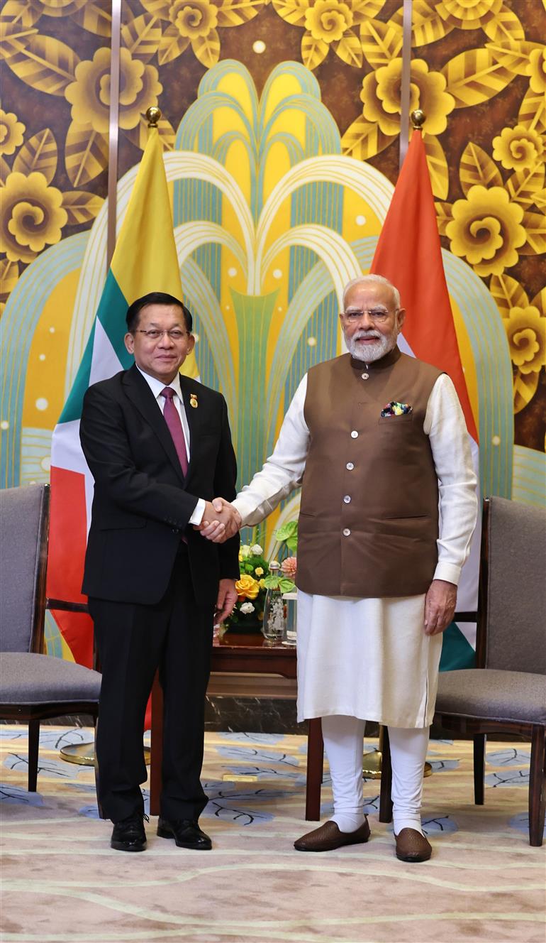 PM in a bilateral meeting with Mr. Min Aung Hlaing, Senior General of the Republic of the Union of Myanmar in Tianjin, China on August 31, 2025. :Prime Minister's Office PM in a bilateral meeting with Mr. Min Aung Hlaing, Senior General of the Republic of the Union of Myanmar in Tianjin, China on August 31, 2025. :Prime Minister