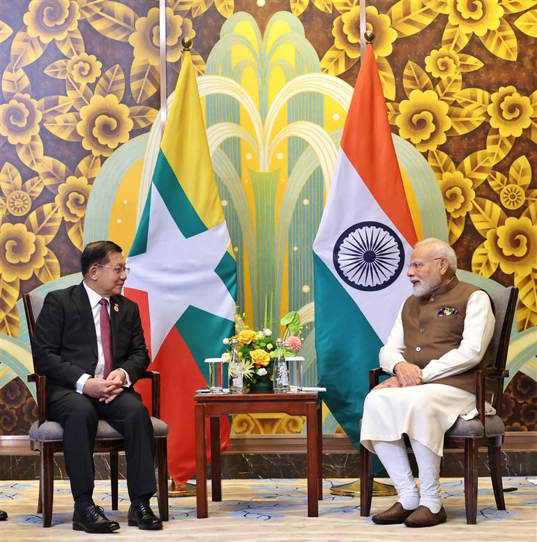 PM in a bilateral meeting with Mr. Min Aung Hlaing, Senior General of the Republic of the Union of Myanmar in Tianjin, China on August 31, 2025. :Prime Minister's Office PM in a bilateral meeting with Mr. Min Aung Hlaing, Senior General of the Republic of the Union of Myanmar in Tianjin, China on August 31, 2025. :Prime Minister