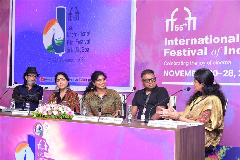 Glimpses of the Press Conference for the films Chalo India with Eric Ji, Vanya directed by Badiger Devendra and Chowk University Ka Vice Chancellor directed by Rajesh Amrohi and Savita Sharma Nagar during the 56th International Film Festival of India (IFFI) at the PIB Media Centre, in Goa on November 25, 2025.