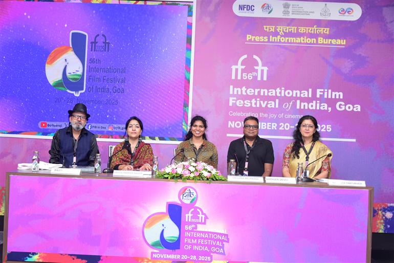 Glimpses of the Press Conference for the films Chalo India with Eric Ji, Vanya directed by Badiger Devendra and Chowk University Ka Vice Chancellor directed by Rajesh Amrohi and Savita Sharma Nagar during the 56th International Film Festival of India (IFFI) at the PIB Media Centre, in Goa on November 25, 2025.