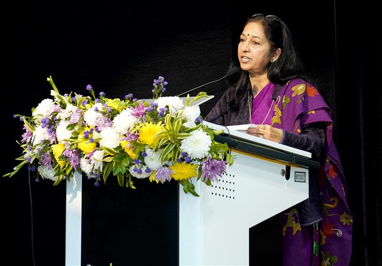 The Controller General of Communication Accounts, Ms. Vandana Gupta addressing at the “Communication Finance Summit 2025” on the sidelines of the 51st Foundation Day celebration organised by The Indian Posts & Telecommunications Accounts and Finance Service (IP&TAFS) at Madhya Pradesh Bhawan Auditorium, in New Delhi on December 22, 2025.