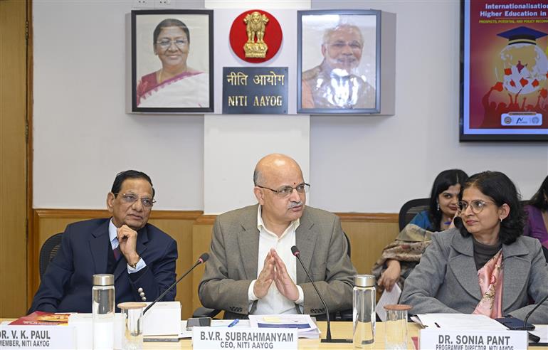 The CEO, NITI Aayog, Shri B.V.R. Subrahmanyam addressing the release of the Report on “Internationalisation of Higher Education in India: Prospects, Potential, and Policy Recommendations” at NITI Aayog, in New Delhi on December 22, 2025.