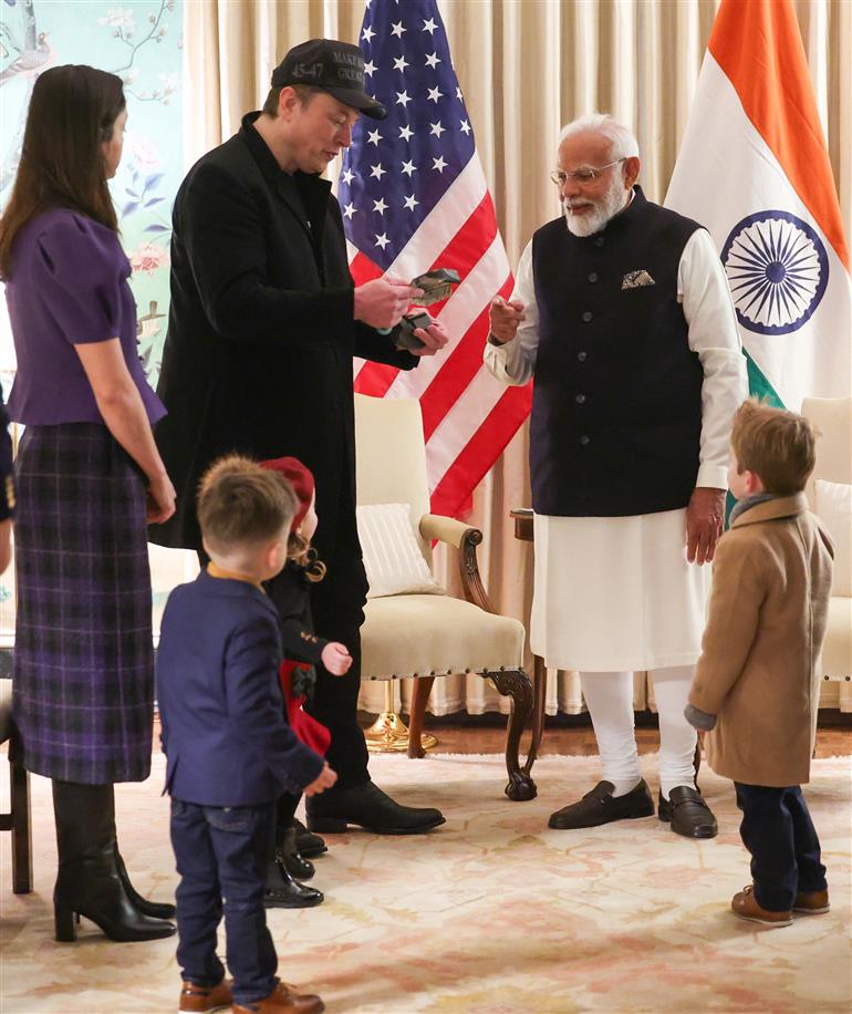 PM meets the Head of US Department of Government Efficiency and CEO of Tesla, Mr. Elon Musk and his family at Blair House in Washington DC, USA on February 13, 2025.