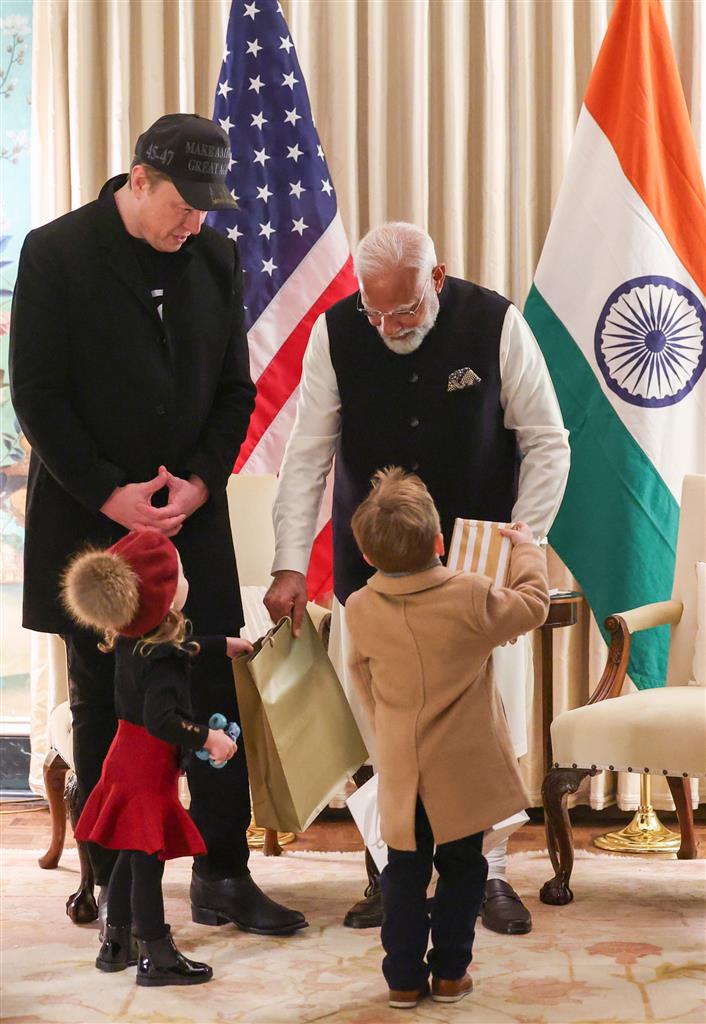 PM meets the Head of US Department of Government Efficiency and CEO of Tesla, Mr. Elon Musk and his family at Blair House in Washington DC, USA on February 13, 2025.