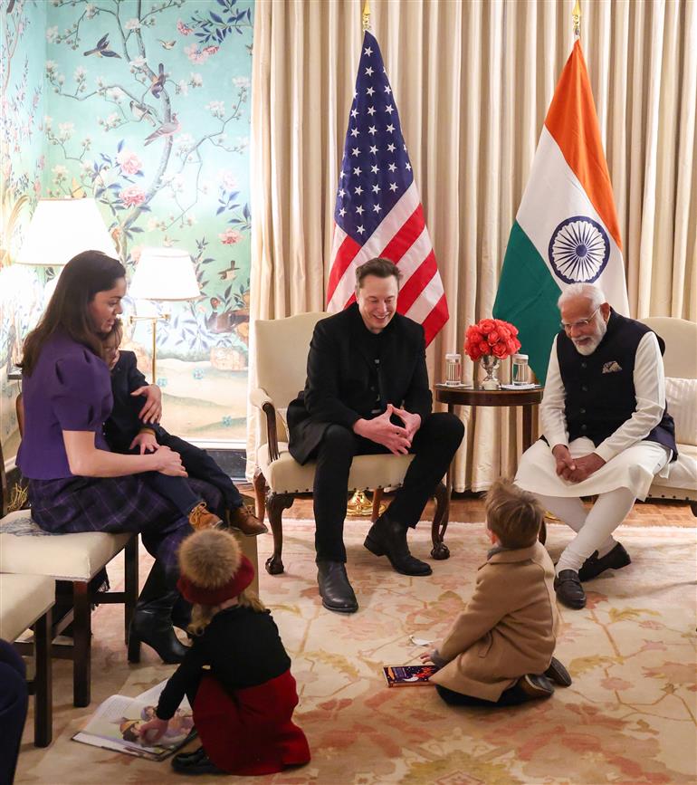 PM meets the Head of US Department of Government Efficiency and CEO of Tesla, Mr. Elon Musk and his family at Blair House in Washington DC, USA on February 13, 2025.