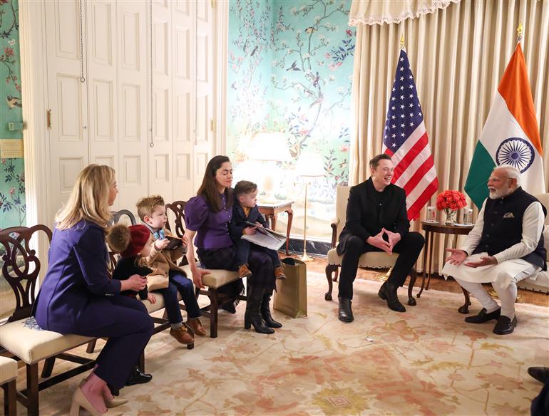 PM meets the Head of US Department of Government Efficiency and CEO of Tesla, Mr. Elon Musk and his family at Blair House in Washington DC, USA on February 13, 2025.