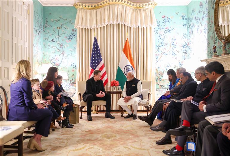 PM meets the Head of US Department of Government Efficiency and CEO of Tesla, Mr. Elon Musk and his family at Blair House in Washington DC, USA on February 13, 2025.