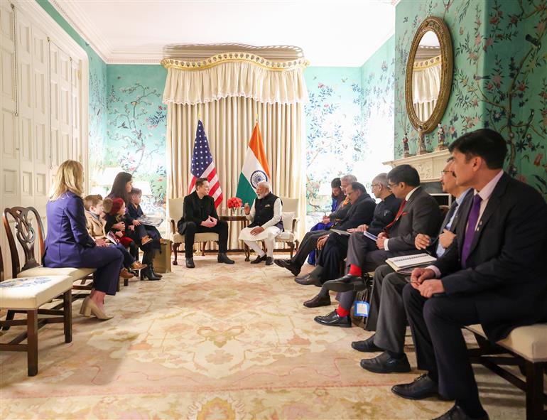 PM meets the Head of US Department of Government Efficiency and CEO of Tesla, Mr. Elon Musk and his family at Blair House in Washington DC, USA on February 13, 2025.