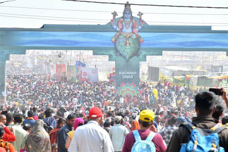 Devotees arrive at Maha Kumbh Mela 2025 in Prayagraj, Uttar Pradesh on February 17, 2025.